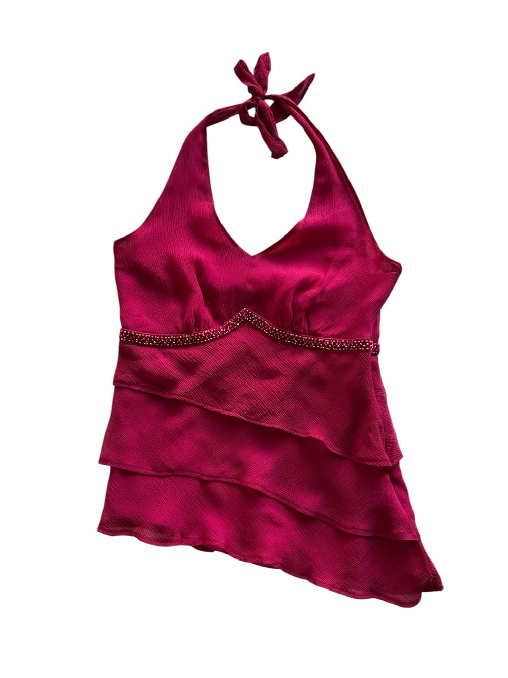 Vintage y2k pink silk ruffle beaded asymmetrical halter top